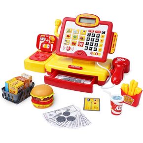FS Pretend Play Calculator Cash Register Toy as Preschool Gift for Kids, Classic Count Toy with Sound, Microphone, Scanner, Pretend Credit Card, Play Food for Boys & Girls,45 Pieces, Ages 3 4 5 6 7
