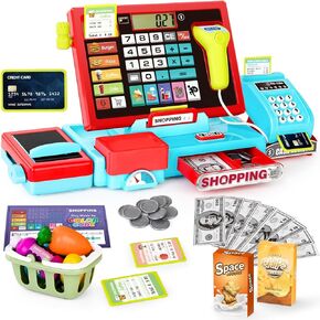 52PCS Toy Cash Register for Kids with Sound Music/Scanner/Microphone/Credit Card/Play Money, Pretend Learning Toy Kids Cash Register, Christmas Birthday Gift for Toddlers Girl Boy Age 3 4 5 6