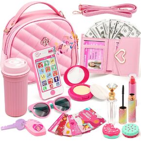 Kids Pretend Play Little Girl Purse Accessories, Princess Toy Cell Phone w/ Light & Sound, Fake Makeup, Wallet, Keys, Credit Card, Play Water Bottle Christmas Birthday Gift Toys for Girls