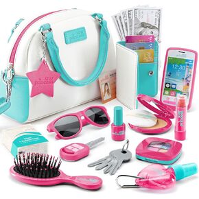 Play Purse for Girls and Toddlers - Little Girls Toys Pretend Play Accessories: Toy Phone, Wallet, Credit Cards, Keys, Pretend Makeup for Role Playing Toys for Girls Ages 3 4 5 6 7 8 Years and Up