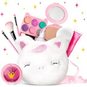 ULOVEME Kids Washable Makeup Kit for Girls 4-6 with Small Coin Purse(5.5x5.25in) - Real, Non Toxic Makeup for Little Girls - Umicorns Gifts for Girls (White Umicorn v2)