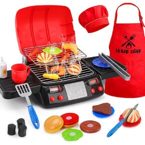 Kids Play Food Grill with Pretend Smoke Sound Light Kitchen Playset BBQ Accessories Camping Cooking Set Barbecue Toddler Girl Boy Toy 2 3 4 5 6 Year Old 4-8 Birthday Kid Toy Idea