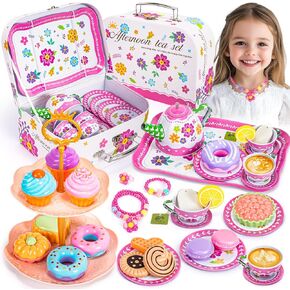 Frozen Tea Party Set for Little Girls, Elsa Princess Toy Gift, Kids Pretend Play Tin Tea Set with Teapot, Tea Cups, Food Playset & Carrying Case, Birthday for Girls Age 3+