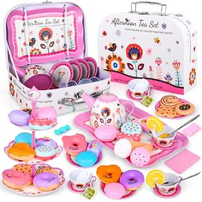 Auney Tea Set Toys for Girls 36pcs, Tin Unicorn Tea Party Set Toy Pretend Play Gifts for Little Girls Age 3-6, Kids Girls Toys Gifts for Tea Party Time Including Tea Set Carrying Case (Unicorn Toy)