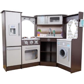 KidKraft Ultimate Corner Wooden Play Kitchen with Lights & Sounds, Play Phone and Curtains, White