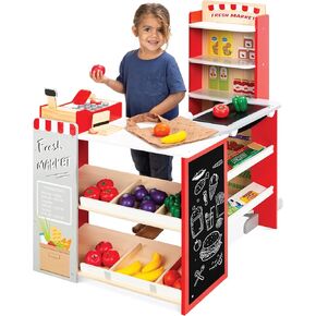 أفضل اختيار منتجات Play Play Play Grocery Store Toy Wooden Supermarket Toy مجموعة للأطفال مع الطعام ، والطباشير ، وسجل نقدي ، ناقل العمل - طبيعي