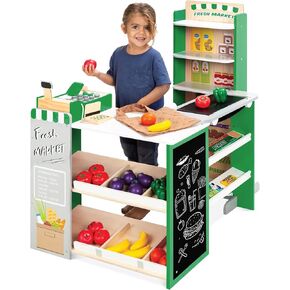 Best Choice Products Pretend Play Grocery Store Wooden Supermarket Toy Set for Kids w/Play Food, Chalkboard, Cash Register, Working Conveyor - Natural