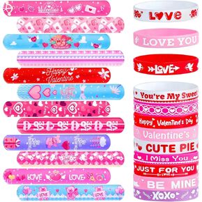 48 Pcs Valentines Slap Bracelets Rubber Bracelets Valentines Party Favors Gifts for Kids School Classroom Goodie Bag Stuffers