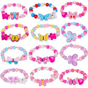 12 Pcs Kids Bracelets for Toddlers Girls - Unicorn Party Favors Pinata Stuffers Birthday Goodies Bag Stuffers Fillers, Cute Wooden Beaded Bracelets Rainbow Heart Pendants Play Jewelry Gifts
