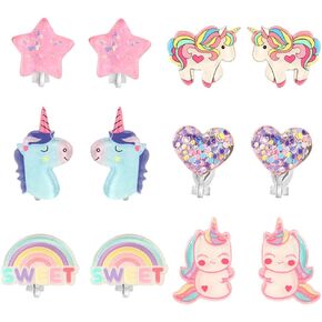 PinkSheep Unicorn Clip On Earrings for Little Girls, Bling Earrings Rainbow Earrings for Kids