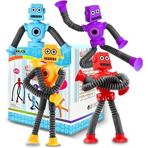 Robot Sensory Travel Toys 4Pcs Easter Basket Stuffer Gift for Toddlers Kid Boy Year Old Ages 3 4 5 6 7 8 9, Airplane Activities Suction Autism Pop Tube Fidget Toys Autistic Stocking Valentine for Kids