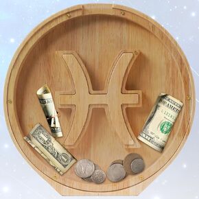 WOOD CITY Wooden Horoscope Piggy Bank for Kids Boys Girls, 10" Large Personalized Bills and Coins Bank Money Box for Toddlers, Creative Birthday Gift for Real-Money, Home Decorations (Virgo)