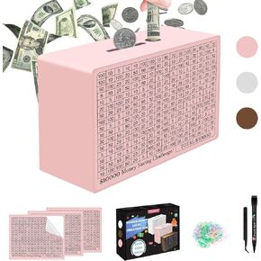 Wooden Money Saving Box, Cash Savings Box for $10000 $5000 $3000 Target Money Saving Challenge, Reusable Money Box with Counter, Cash Vault Bank with Dry Erase Pen/Savings Trackers/Rubber Band-Brown