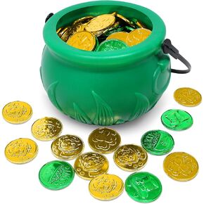 JOYIN 208 St Patrick’s Day Lucky Leprechaun Plastic Coins and 1 Large Black Cauldron with Handle Pot of Gold Party Supplies, St Patrick Decorations Party Favors