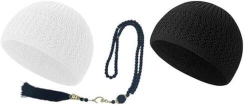 Namaz Cotton Topi, Knit Kufi Hat Skull Caps for Men Women Muslim Breathable Ramadan Beanie, Tasbih 100 Prayer Beads in Kuwait