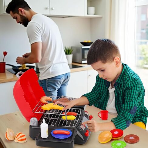 Kids Play Food Grill with Pretend Smoke Sound Light Kitchen Playset BBQ Accessories Camping Cooking Set Barbecue Toddler Girl Boy Toy 2 3 4 5 6 Year Old 4-8 Birthday Kid Toy Idea in Saudi Arabia