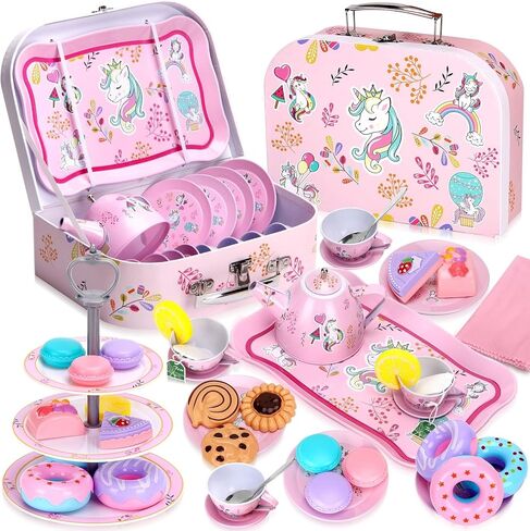 Auney Tea Set Toys for Girls 36pcs, Tin Unicorn Tea Party Set Toy Pretend Play Gifts for Little Girls Age 3-6, Kids Girls Toys Gifts for Tea Party Time Including Tea Set Carrying Case (Unicorn Toy) in Saudi Arabia