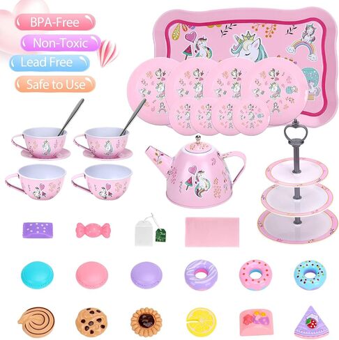 Auney Tea Set Toys for Girls 36pcs, Tin Unicorn Tea Party Set Toy Pretend Play Gifts for Little Girls Age 3-6, Kids Girls Toys Gifts for Tea Party Time Including Tea Set Carrying Case (Unicorn Toy) in Saudi Arabia