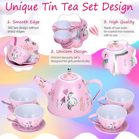 Auney Tea Set Toys for Girls 36pcs, Tin Unicorn Tea Party Set Toy Pretend Play Gifts for Little Girls Age 3-6, Kids Girls Toys Gifts for Tea Party Time Including Tea Set Carrying Case (Unicorn Toy) in Saudi Arabia