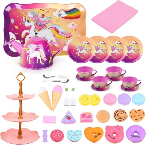 Auney Tea Set Toys for Girls 36pcs, Tin Unicorn Tea Party Set Toy Pretend Play Gifts for Little Girls Age 3-6, Kids Girls Toys Gifts for Tea Party Time Including Tea Set Carrying Case (Unicorn Toy) in Saudi Arabia