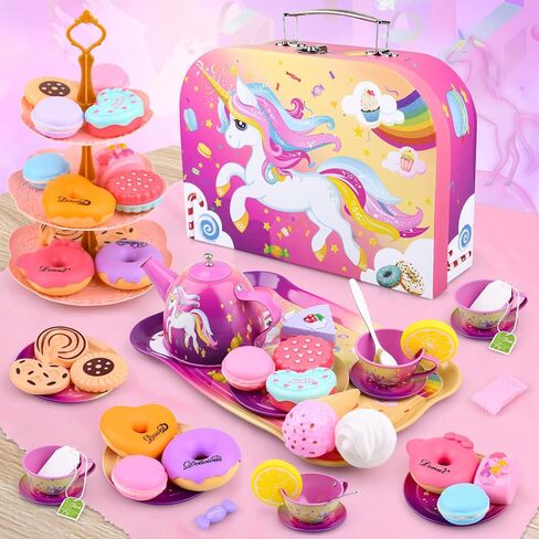 Auney Tea Set Toys for Girls 36pcs, Tin Unicorn Tea Party Set Toy Pretend Play Gifts for Little Girls Age 3-6, Kids Girls Toys Gifts for Tea Party Time Including Tea Set Carrying Case (Unicorn Toy) in Saudi Arabia