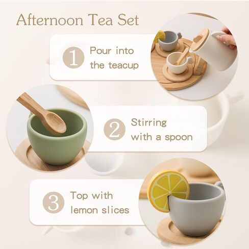 Youuys Wooden Tea Party Set for Toddler 3-5,Kids Tea Sets for Little Girls 4-6, 14pcs Silicone Kitchen Accessories, Pretend Play Montessori Toys with Tray for 3 4 5 6 Year Old Birthday in Kuwait