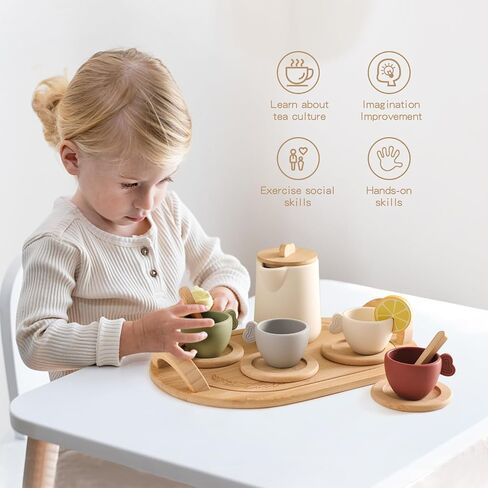 Youuys Wooden Tea Party Set for Toddler 3-5,Kids Tea Sets for Little Girls 4-6, 14pcs Silicone Kitchen Accessories, Pretend Play Montessori Toys with Tray for 3 4 5 6 Year Old Birthday in Kuwait