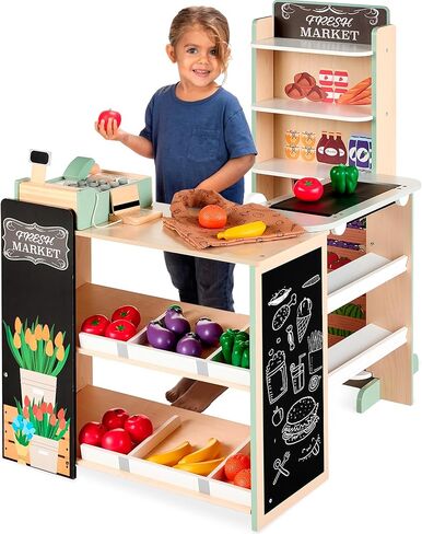أفضل اختيار منتجات Play Play Play Grocery Store Toy Wooden Supermarket Toy مجموعة للأطفال مع الطعام ، والطباشير ، وسجل نقدي ، ناقل العمل - طبيعي in Kuwait