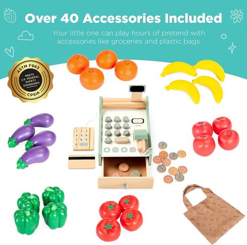 أفضل اختيار منتجات Play Play Play Grocery Store Toy Wooden Supermarket Toy مجموعة للأطفال مع الطعام ، والطباشير ، وسجل نقدي ، ناقل العمل - طبيعي in Kuwait