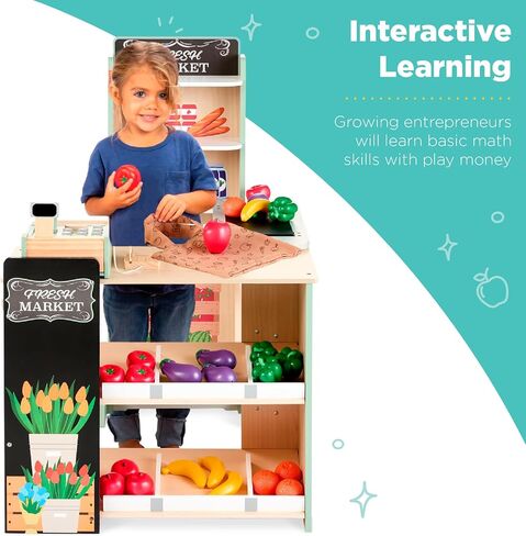 أفضل اختيار منتجات Play Play Play Grocery Store Toy Wooden Supermarket Toy مجموعة للأطفال مع الطعام ، والطباشير ، وسجل نقدي ، ناقل العمل - طبيعي in Kuwait