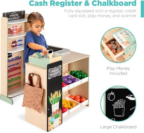 أفضل اختيار منتجات Play Play Play Grocery Store Toy Wooden Supermarket Toy مجموعة للأطفال مع الطعام ، والطباشير ، وسجل نقدي ، ناقل العمل - طبيعي in Kuwait