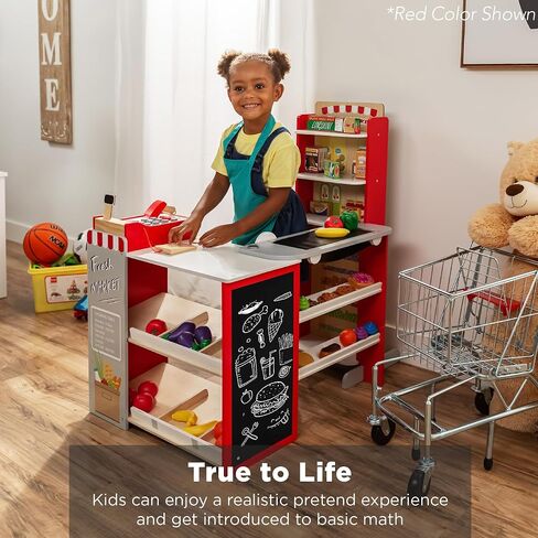 أفضل اختيار منتجات Play Play Play Grocery Store Toy Wooden Supermarket Toy مجموعة للأطفال مع الطعام ، والطباشير ، وسجل نقدي ، ناقل العمل - طبيعي in Kuwait