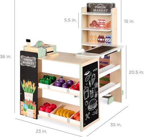 أفضل اختيار منتجات Play Play Play Grocery Store Toy Wooden Supermarket Toy مجموعة للأطفال مع الطعام ، والطباشير ، وسجل نقدي ، ناقل العمل - طبيعي in Kuwait
