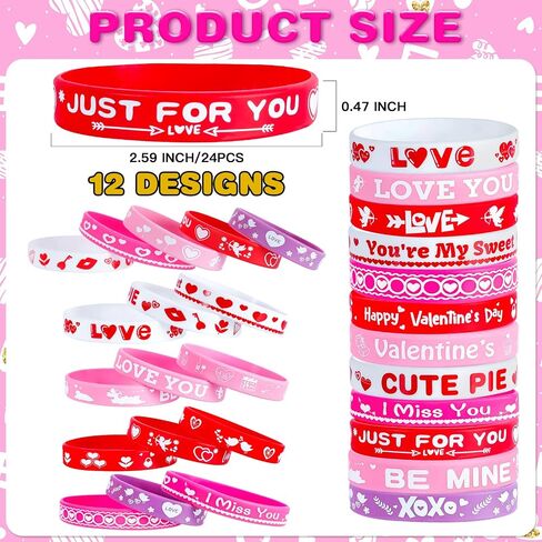 48 Pcs Valentines Slap Bracelets Rubber Bracelets Valentines Party Favors Gifts for Kids School Classroom Goodie Bag Stuffers in Kuwait