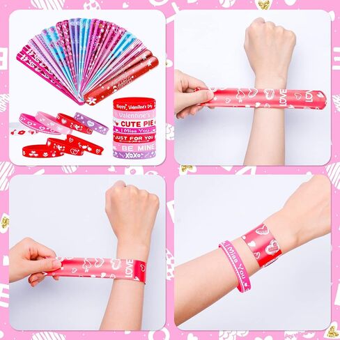 48 Pcs Valentines Slap Bracelets Rubber Bracelets Valentines Party Favors Gifts for Kids School Classroom Goodie Bag Stuffers in Kuwait