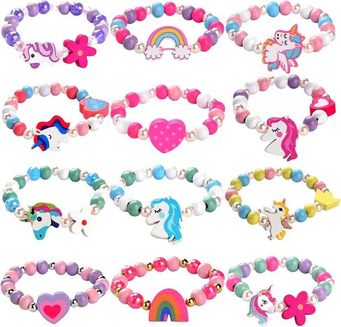 12 Pcs Kids Bracelets for Toddlers Girls - Unicorn Party Favors Pinata Stuffers Birthday Goodies Bag Stuffers Fillers, Cute Wooden Beaded Bracelets Rainbow Heart Pendants Play Jewelry Gifts in Saudi Arabia