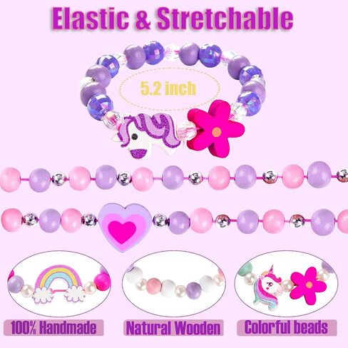 12 Pcs Kids Bracelets for Toddlers Girls - Unicorn Party Favors Pinata Stuffers Birthday Goodies Bag Stuffers Fillers, Cute Wooden Beaded Bracelets Rainbow Heart Pendants Play Jewelry Gifts in Saudi Arabia