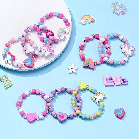 12 Pcs Kids Bracelets for Toddlers Girls - Unicorn Party Favors Pinata Stuffers Birthday Goodies Bag Stuffers Fillers, Cute Wooden Beaded Bracelets Rainbow Heart Pendants Play Jewelry Gifts in Saudi Arabia