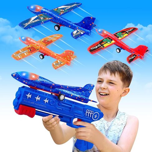 3 Pack Airplane Launcher Toys, 2 Flight Modes LED Foam Glider Catapult Plane, Outdoor Flying Toy for Kids, Birthday Gifts for Boy Girl 6+ Year Old, B-Day Party Supplies in Kuwait