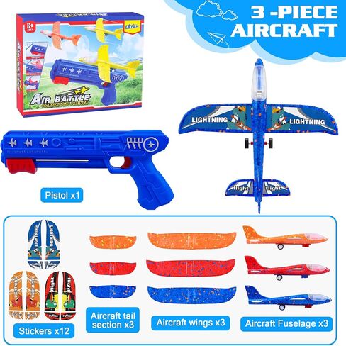 3 Pack Airplane Launcher Toys, 2 Flight Modes LED Foam Glider Catapult Plane, Outdoor Flying Toy for Kids, Birthday Gifts for Boy Girl 6+ Year Old, B-Day Party Supplies in Kuwait