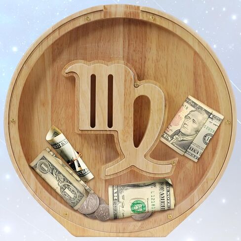 WOOD CITY Wooden Horoscope Piggy Bank for Kids Boys Girls, 10" Large Personalized Bills and Coins Bank Money Box for Toddlers, Creative Birthday Gift for Real-Money, Home Decorations (Virgo) in Saudi Arabia