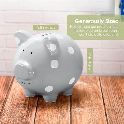 Pearhead Large Ceramic Piggy Bank, Ideal for Boys and Girls, Kids Money and Coin Bank, Perfect Baby Girl Nursery Décor, Gift and Newborn Keepsake, Pink Polka Dots in Kuwait