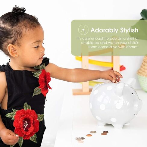 Pearhead Large Ceramic Piggy Bank, Ideal for Boys and Girls, Kids Money and Coin Bank, Perfect Baby Girl Nursery Décor, Gift and Newborn Keepsake, Pink Polka Dots in Kuwait