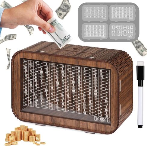 4-in-1 Piggy Bank for Adults Kids - Fully Assembled Wooden Money Saving Challenge Box(1000/3000/5000/10000) - Money Bank with Counter and Dry Erase Pen - Kakeibo Money Box for Cash Coin - BestGift in Saudi Arabia