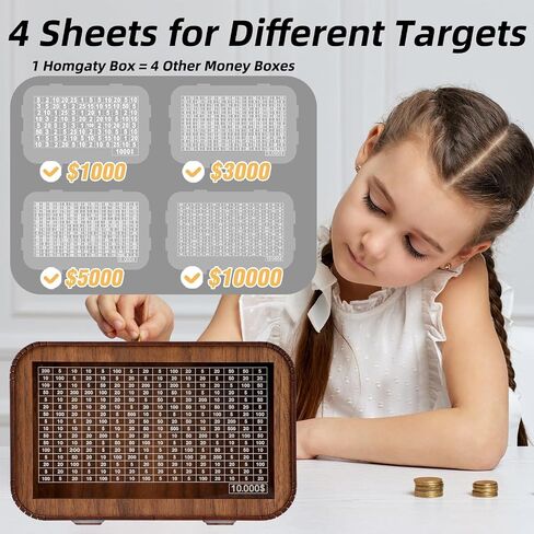 4-in-1 Piggy Bank for Adults Kids - Fully Assembled Wooden Money Saving Challenge Box(1000/3000/5000/10000) - Money Bank with Counter and Dry Erase Pen - Kakeibo Money Box for Cash Coin - BestGift in Saudi Arabia