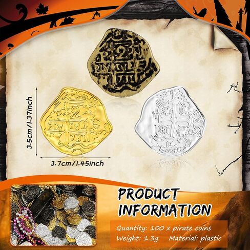 Hanaive 100 Pcs Pirate Coins Plastic Kids Fake Play Coins Replica Spanish Doubloons for Pirate Party Treasure Chest Board Games Tokens Toys Cosplay St. Patrick's(Gold) in Saudi Arabia