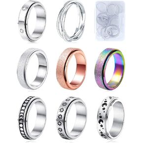 MUCAL Fidget Rings for Anxiety 8pcs Stainless Steel Spinner Ring Anti Anxiety Ring Spinning Moon Star Cool Stress Relieveing Rings for Women Men