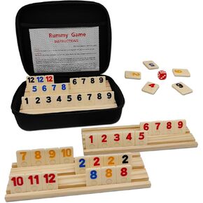 Rummy Cube 6 Player Edition with 6 Wooden Racks/Trays, 160 Rummy Cube Game Set with Portable Case, Rummy Tiles Travel Set with 6 Tiles Holders for Family Classic Board Games
