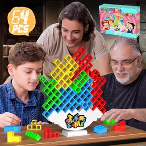 64PCS Stack Attack Game for Adult & Kids, Tetra Board Tower Games for Family Travel Party, 2 Players Balance Stacking Toy, Team Toys Building Block