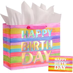 SUNCOLOR 13" Large Gift Bag with Card and Tissue Paper (Colorful Happy Birthday)